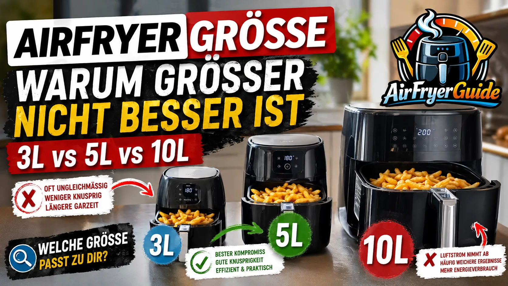 Airfryer Größe im Vergleich - kleine, mittlere und große Geräte im direkten Einsatz mit Pommes - warum größere Modelle oft weniger knusprig liefern und worauf es wirklich ankommt