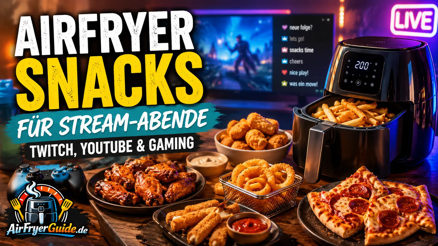 Knusprige Airfryer Snacks mit Pommes, Wings, Onion Rings und Pizza vor einem Gaming-Setup für lange Stream-Abende mit Twitch, YouTube und Gaming