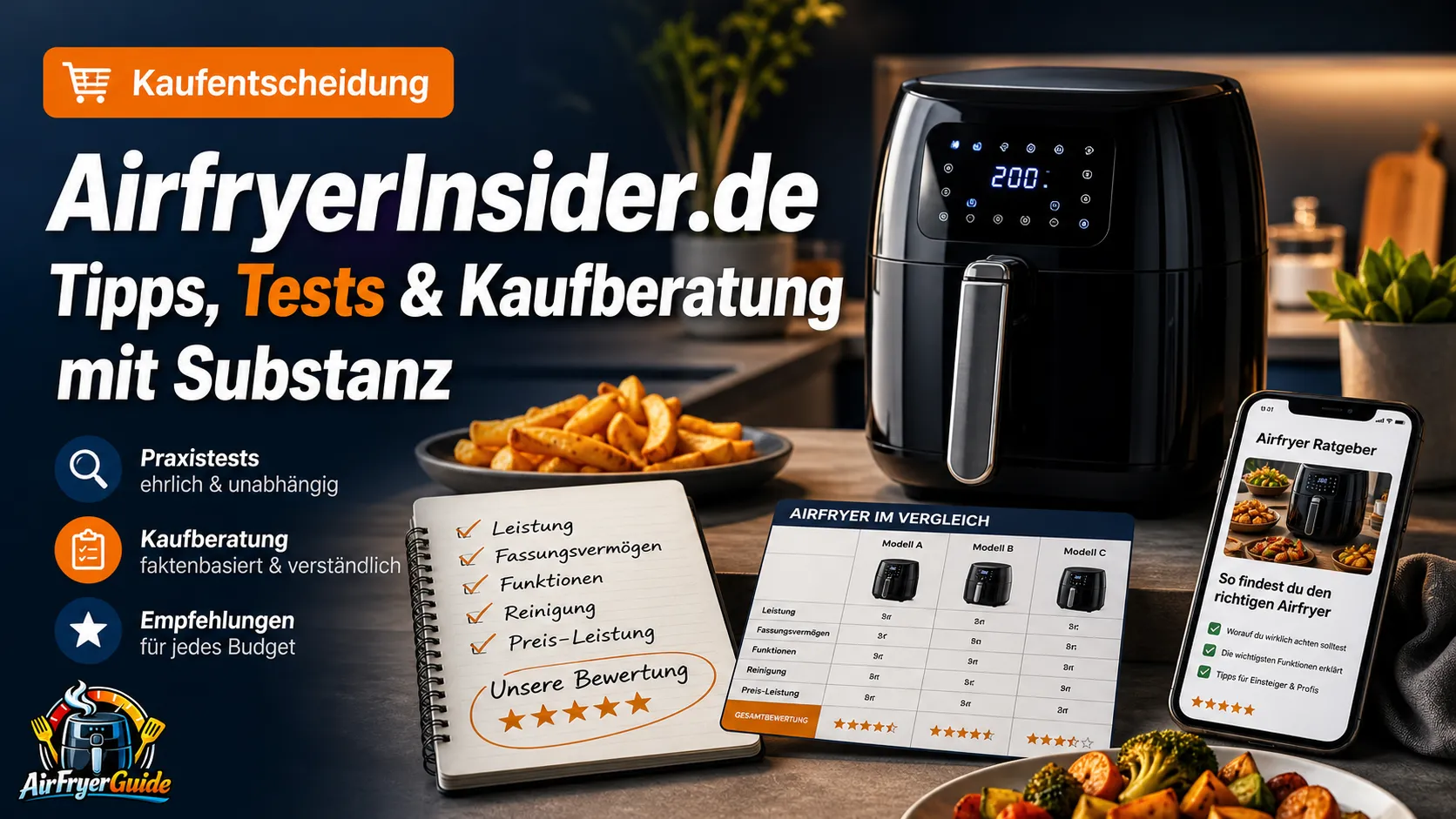 Moderner Airfryer mit Testnotizen, Vergleichstabelle und Kaufberatung zeigt, wie AirfryerInsider.de bei Tipps, Tests und Kaufentscheidungen unterstützt