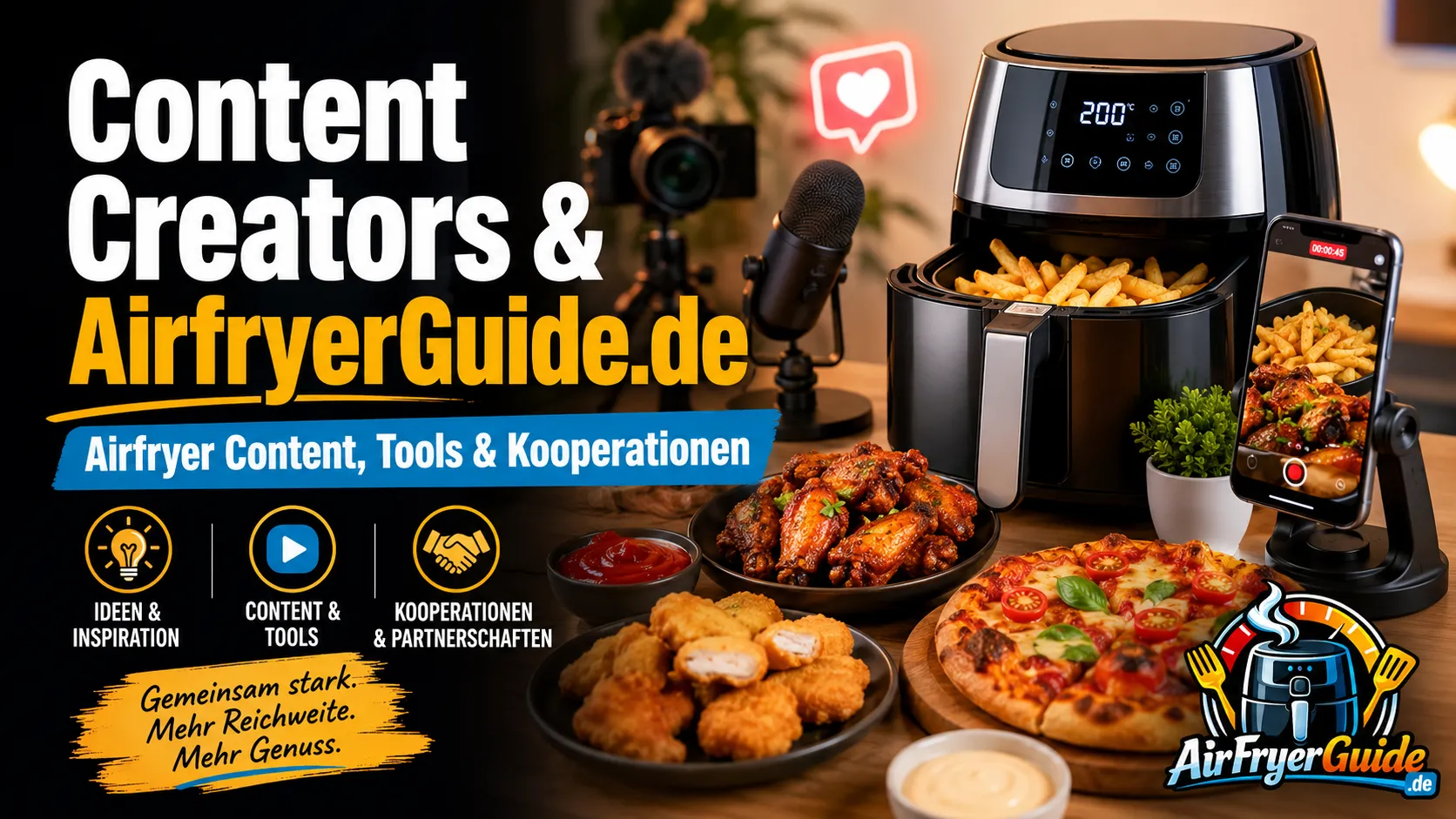 Content Creator Setup mit Airfryer, knusprigen Snacks, Kamera und Mikrofon für Airfryer Content, Tools und Kooperationen mit AirfryerGuide.de
