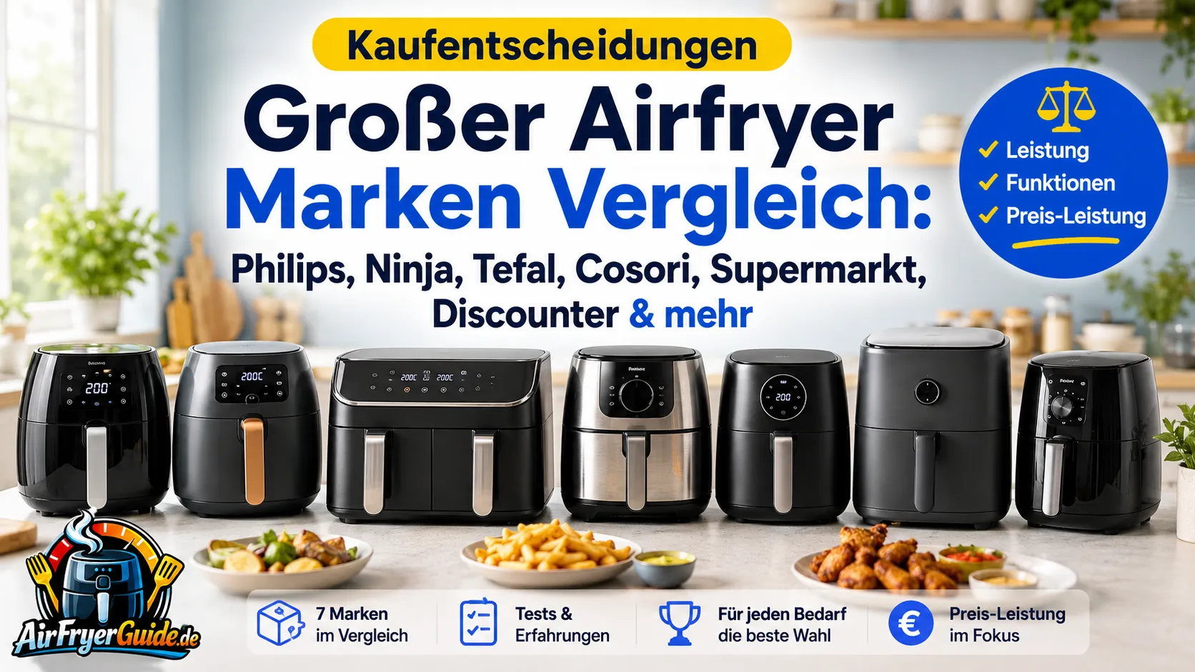 Großer Airfryer Marken Vergleich mit Philips, Ninja, Tefal, Cosori und günstigen Alternativen für bessere Kaufentscheidungen beim nächsten Airfryer