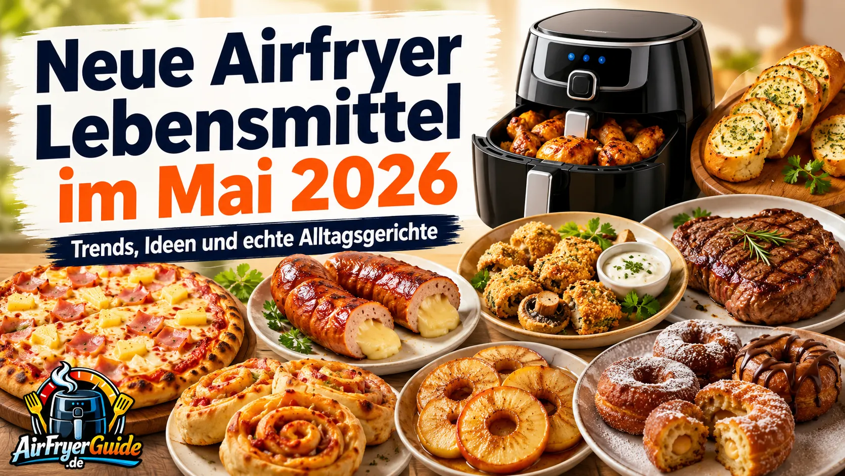 Neue Airfryer Lebensmittel im Mai 2026 mit knusprigen Snacks, Pizza, Wurst, Steak, Baguette und süßen Alltagsideen aus der Heißluftfritteuse