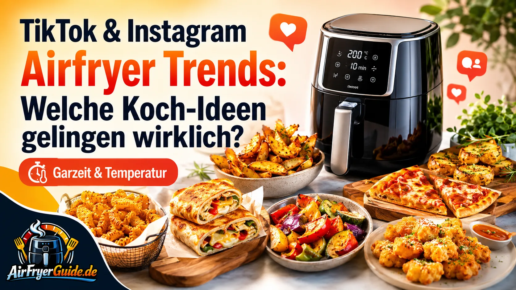 TikTok & Instagram Airfryer Trends mit knusprigen Snacks, Wraps, Pizza und Gemüse aus der Heißluftfritteuse im Alltagstest